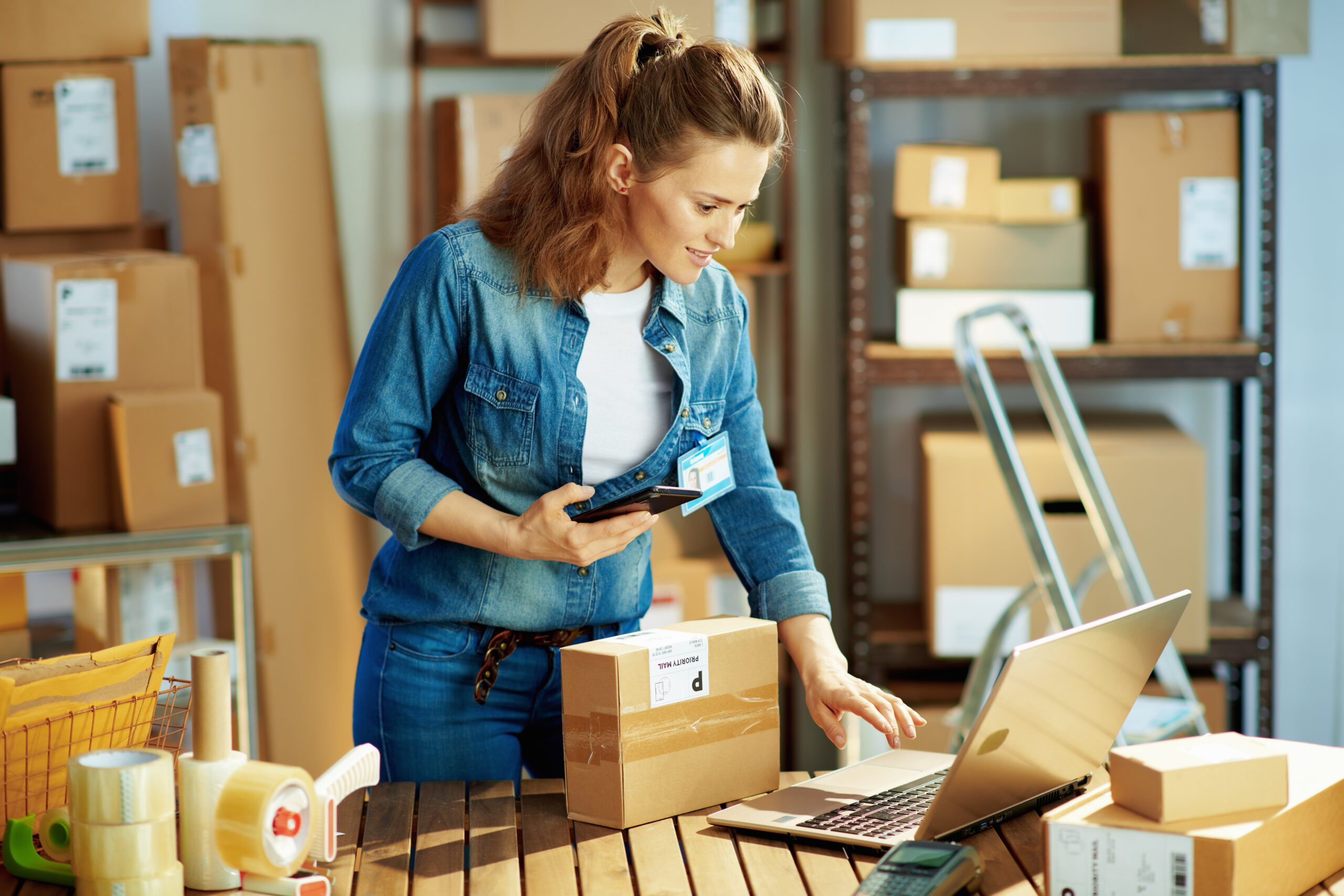 Delivery business. happy modern female in jeans with laptop and parcels using smartphone applications in the warehouse.